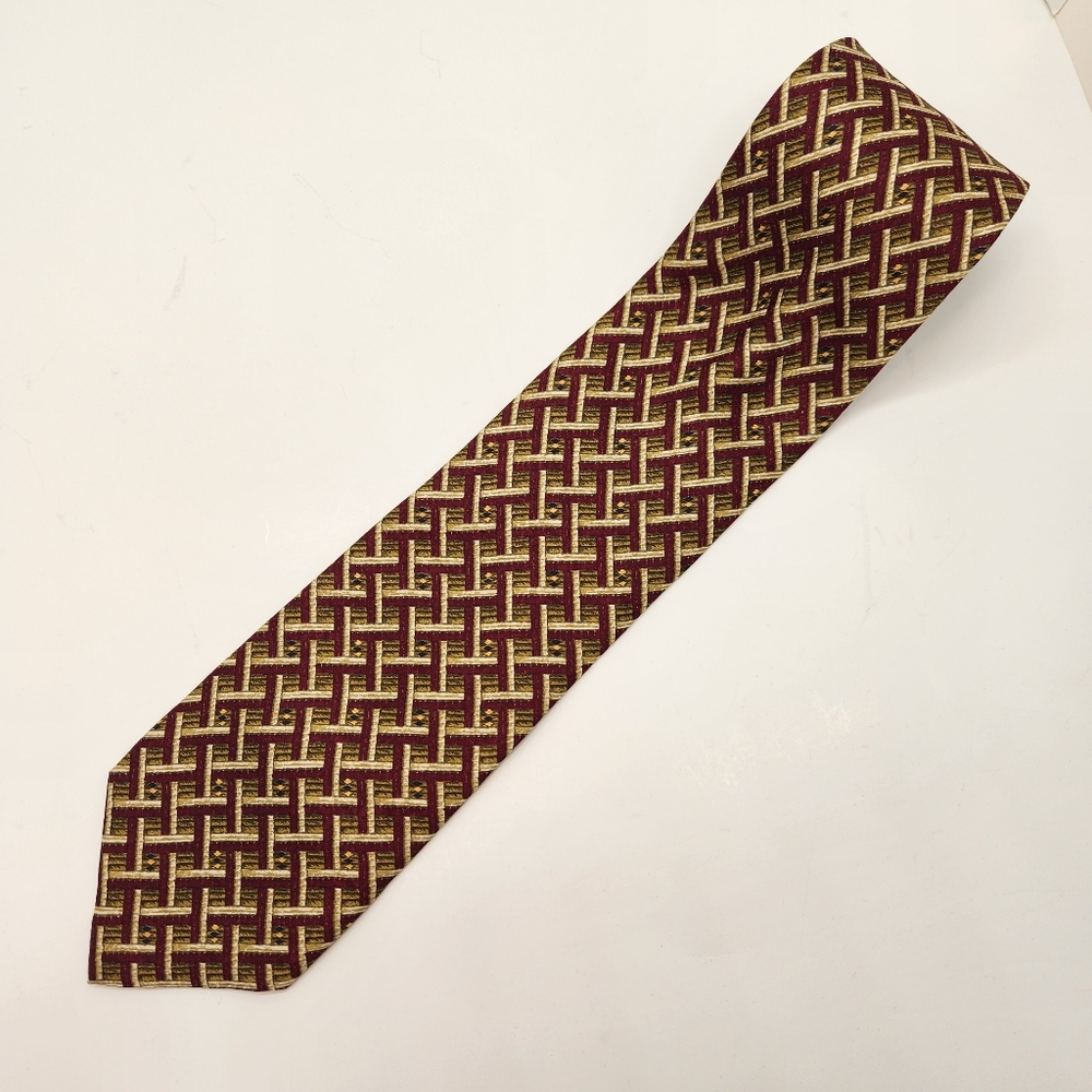 Canali necktie khaki red geometric 100%silk foulard formal luxury tie Made Italy